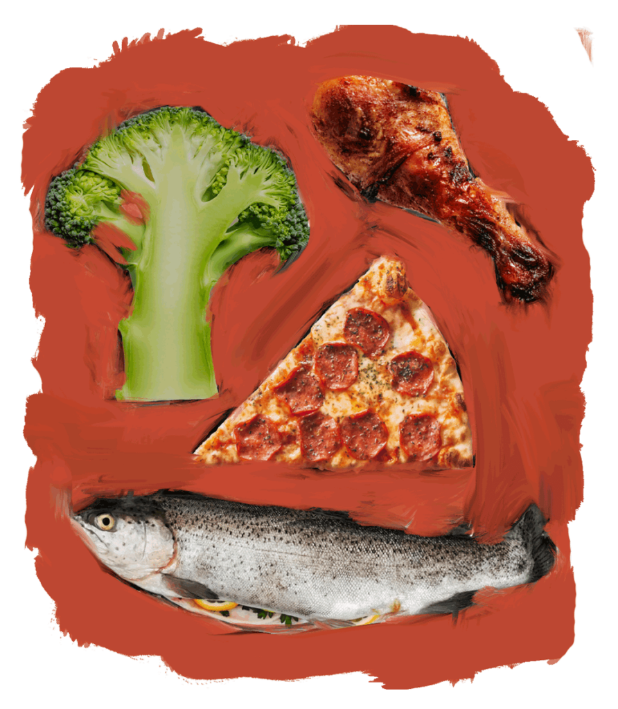 Broccoli pollo pizza e pesce